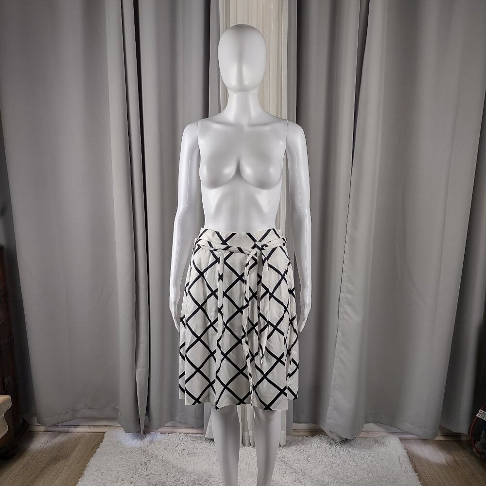 INC Black White Geometric A Line Belted Pleated Cotton Skirt Womens Size 12